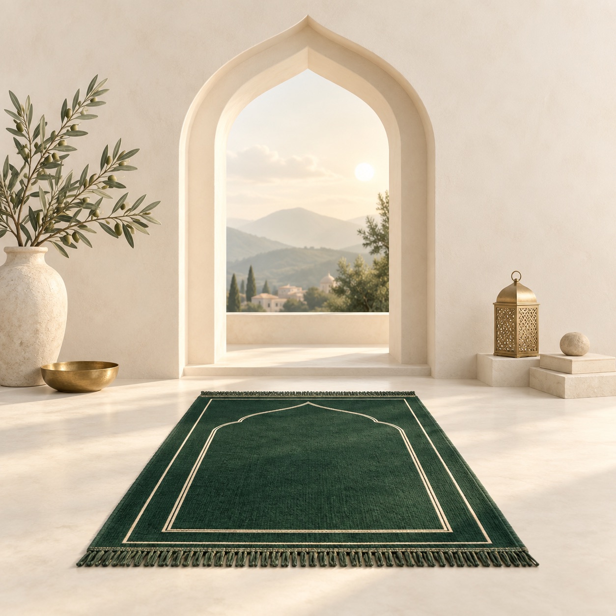 Un tapis vert devant une arche ouverte sur un paysage paisible